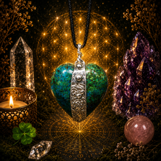 Cínované chryzokolové srdce (ochranný talisman)