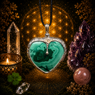 Cínované malachitové srdce - oboustranné (ochranný talisman)